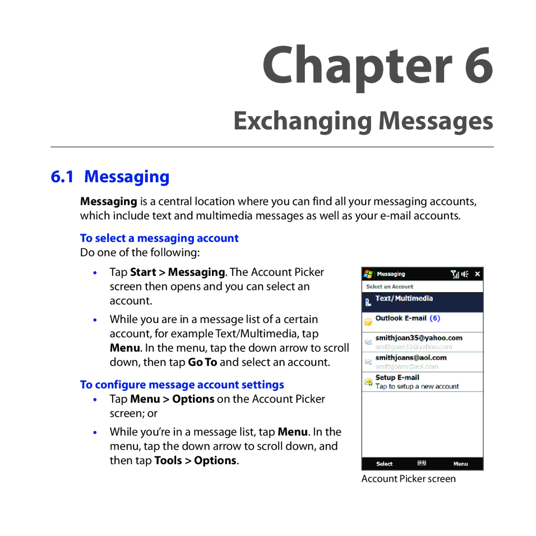 HTC RHOD210 user manual Messaging, To select a messaging account, To configure message account settings 