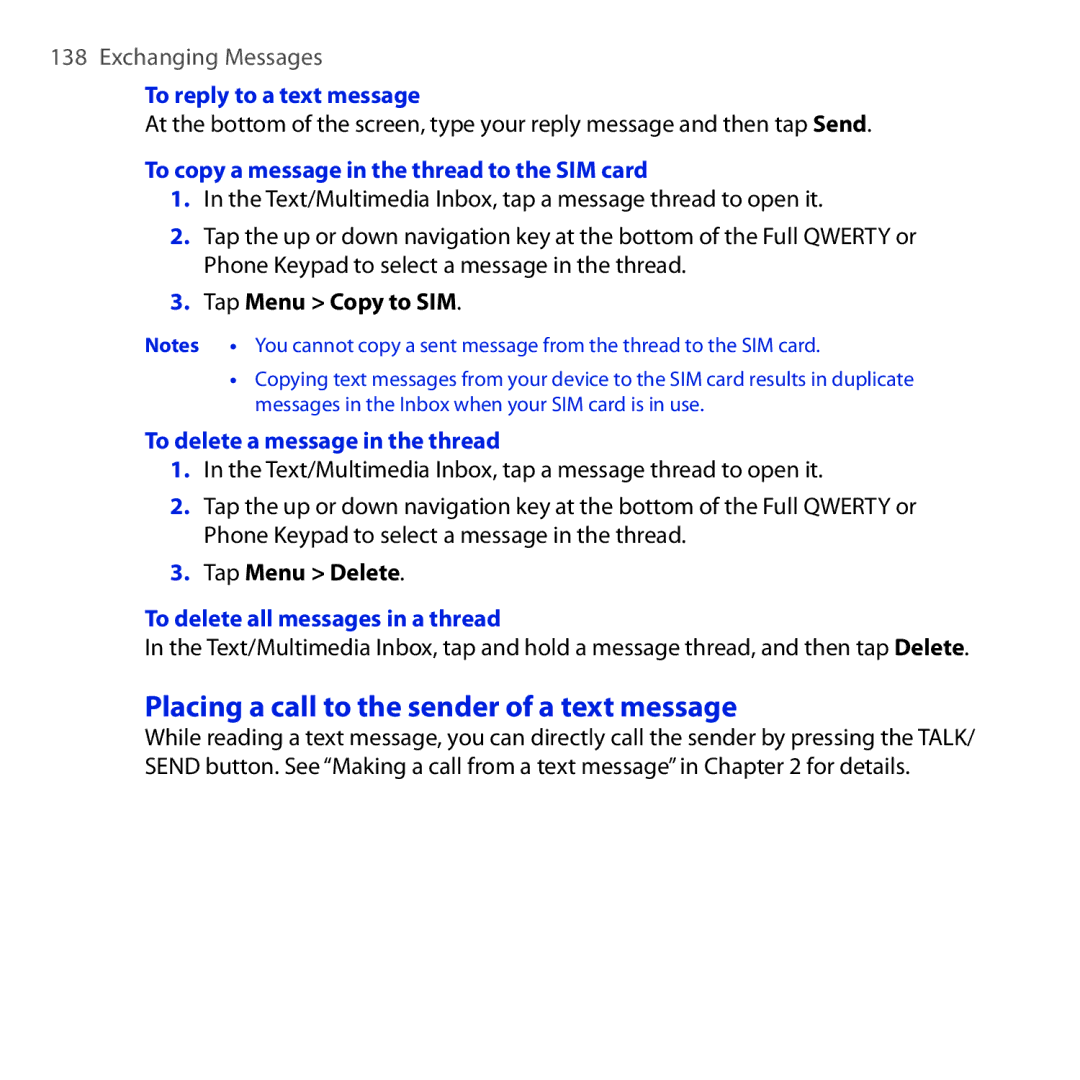 HTC RHOD210 Placing a call to the sender of a text message, To reply to a text message, To delete a message in the thread 
