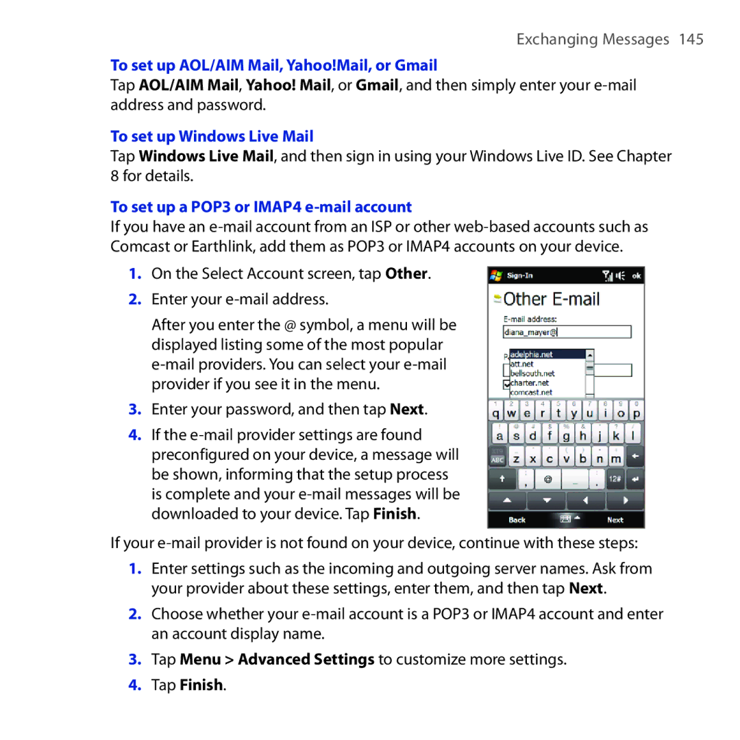 HTC RHOD210 user manual To set up AOL/AIM Mail, Yahoo!Mail, or Gmail, To set up Windows Live Mail, Tap Finish 