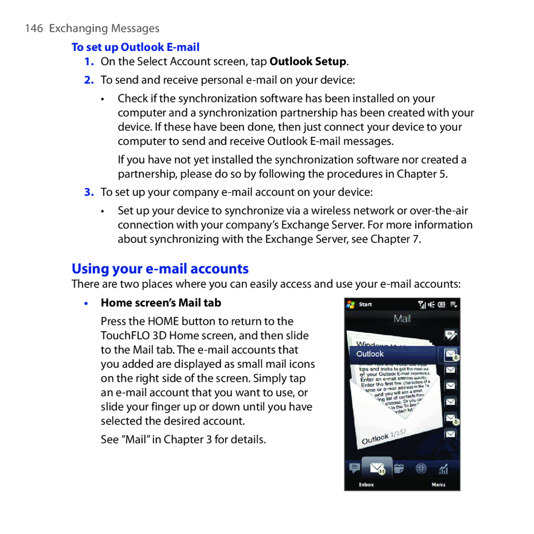 HTC RHOD210 Using your e-mail accounts, To set up Outlook E-mail, To set up your company e-mail account on your device 