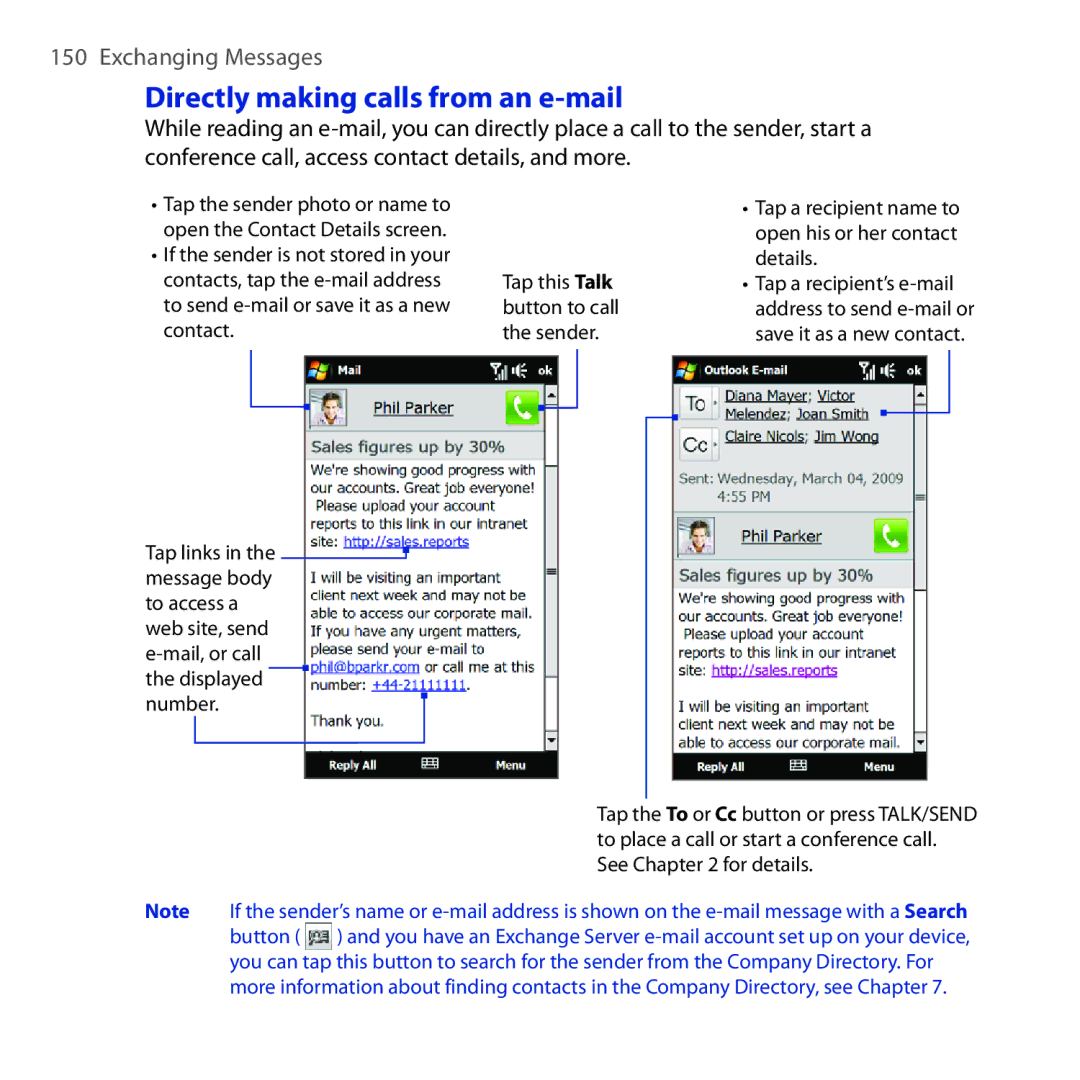 HTC RHOD210 user manual Directly making calls from an e-mail 