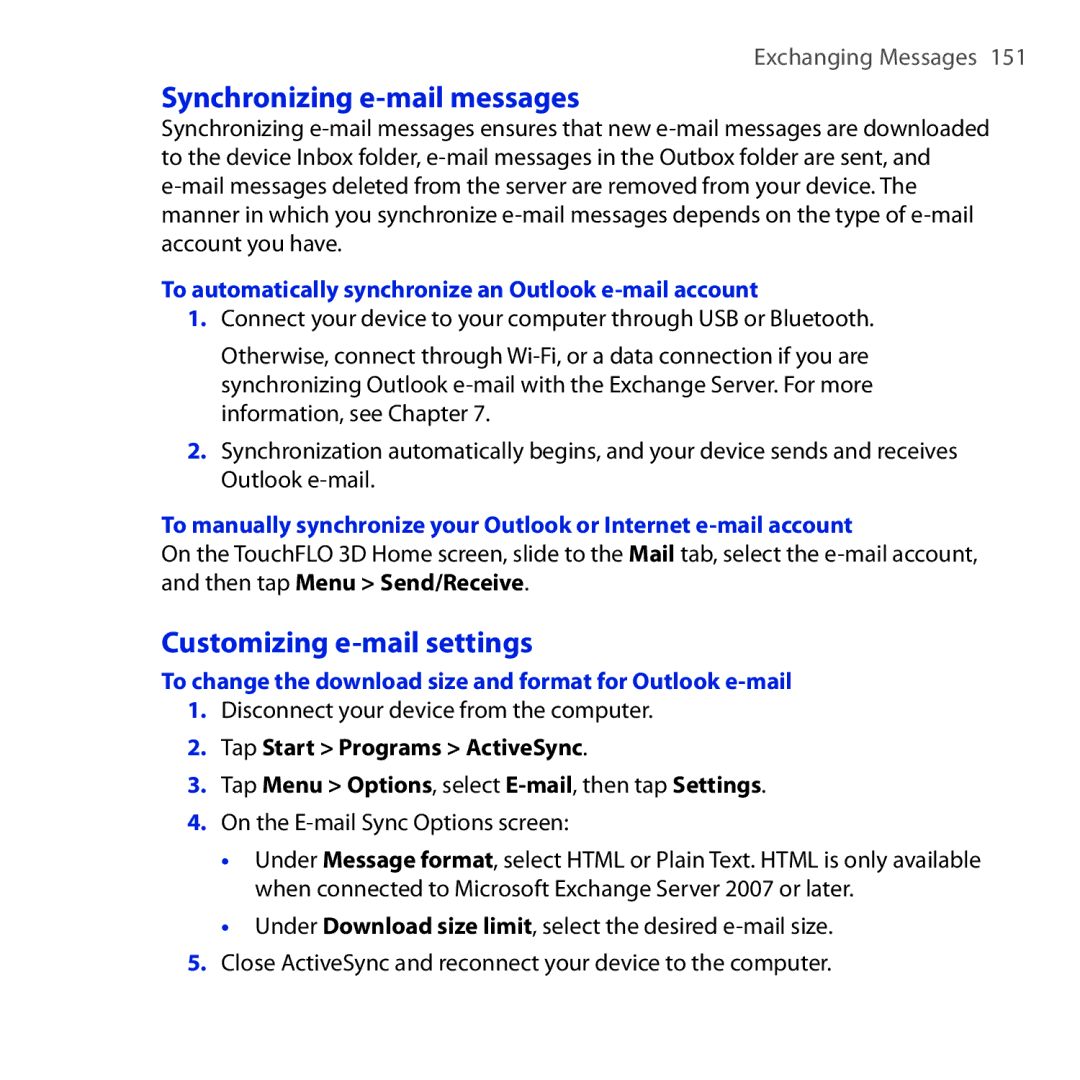 HTC RHOD210 user manual Synchronizing e-mail messages, Customizing e-mail settings 