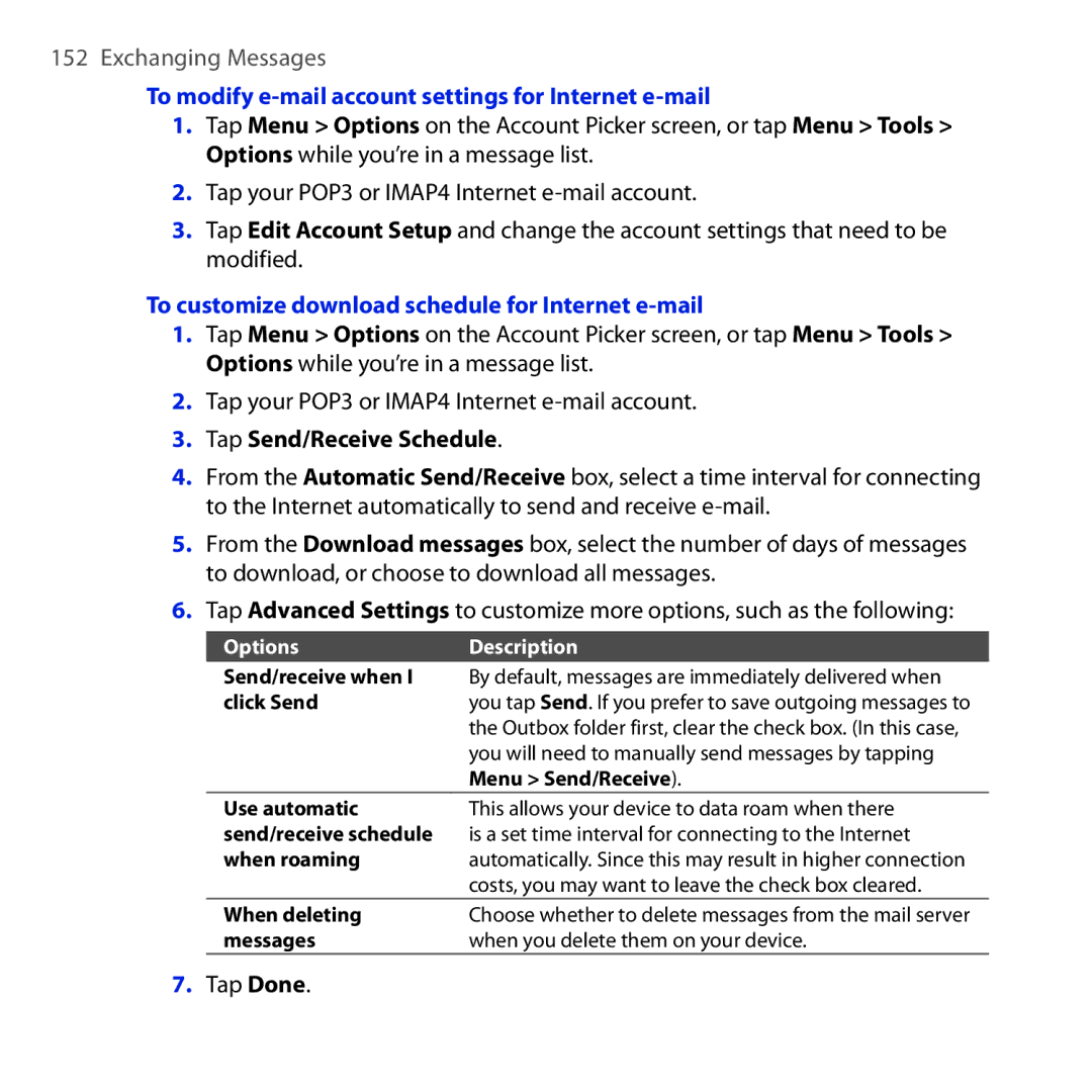 HTC RHOD210 To modify e-mail account settings for Internet e-mail, To customize download schedule for Internet e-mail 