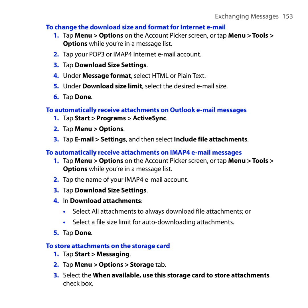 HTC RHOD210 user manual To change the download size and format for Internet e-mail, Tap Download Size Settings 