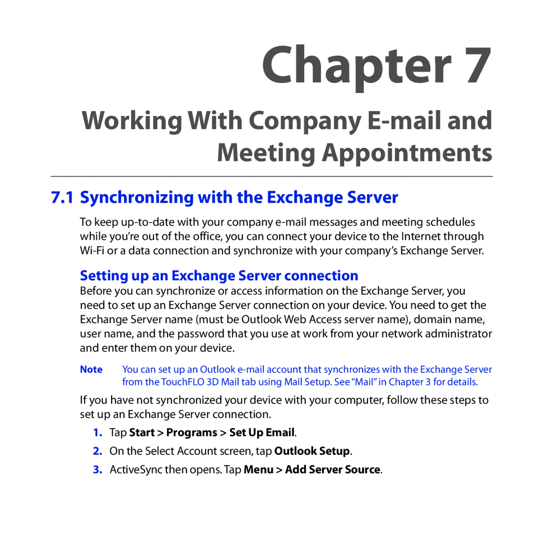 HTC RHOD210 user manual Synchronizing with the Exchange Server, Setting up an Exchange Server connection 