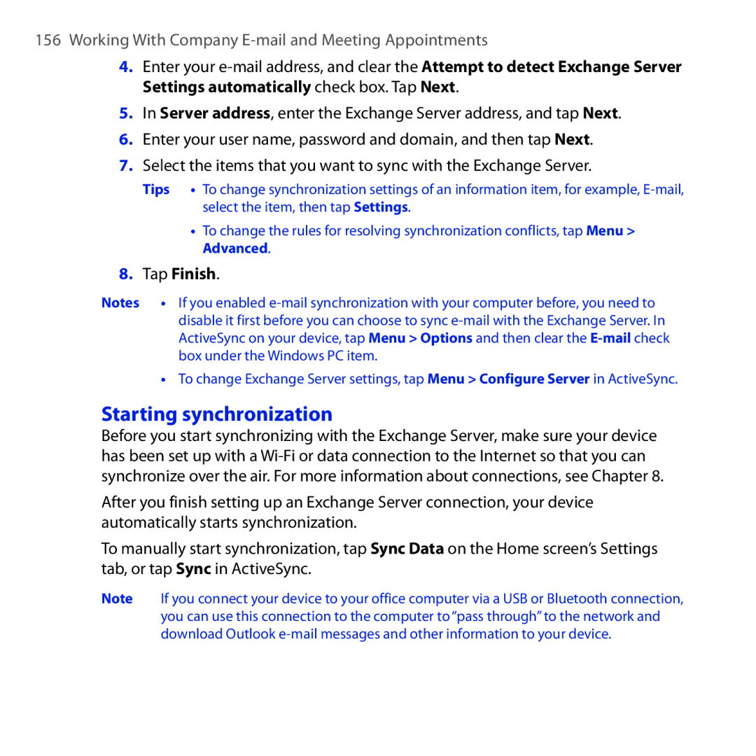 HTC RHOD210 user manual Starting synchronization, Working With Company E-mail and Meeting Appointments 