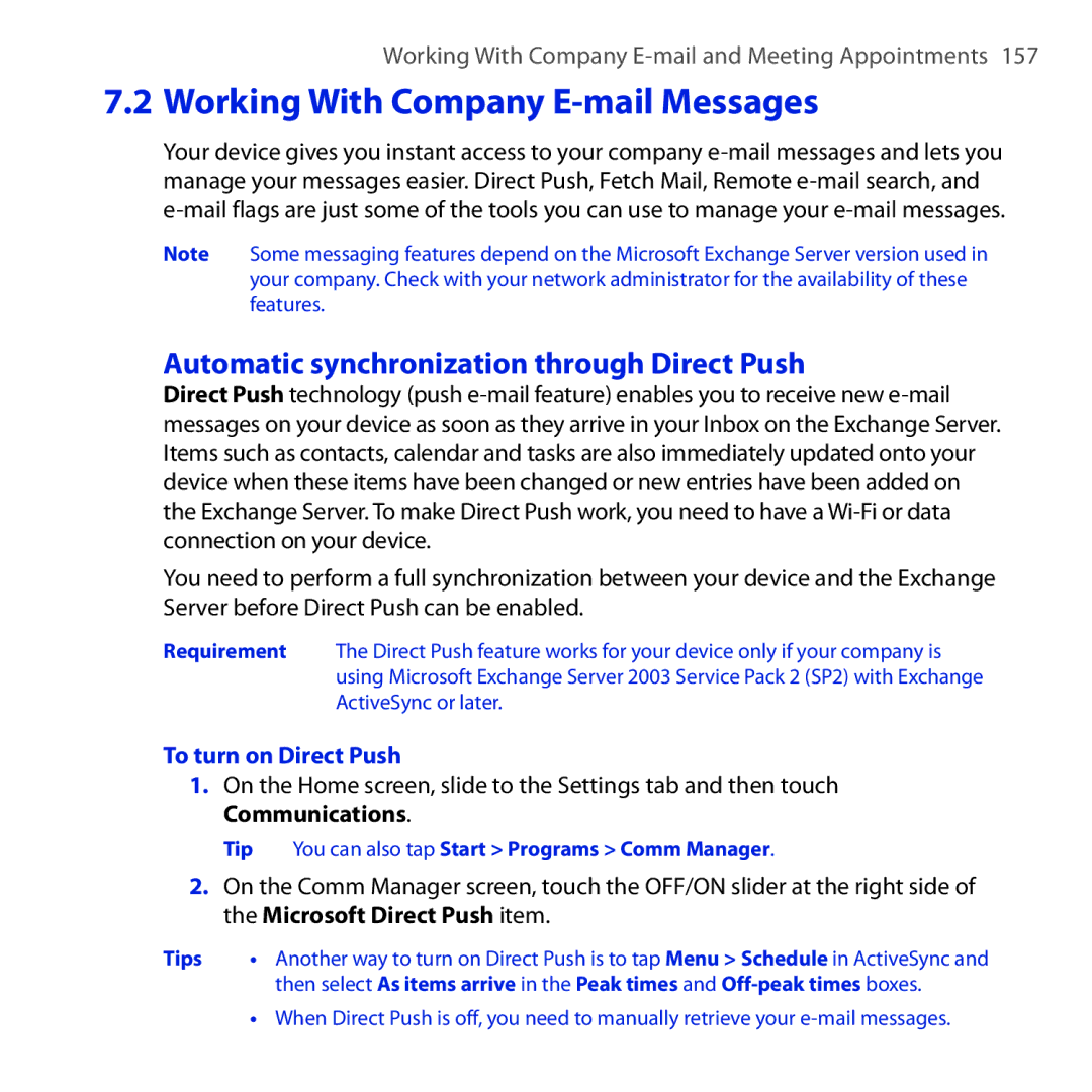 HTC RHOD210 Working With Company E-mail Messages, Automatic synchronization through Direct Push, To turn on Direct Push 