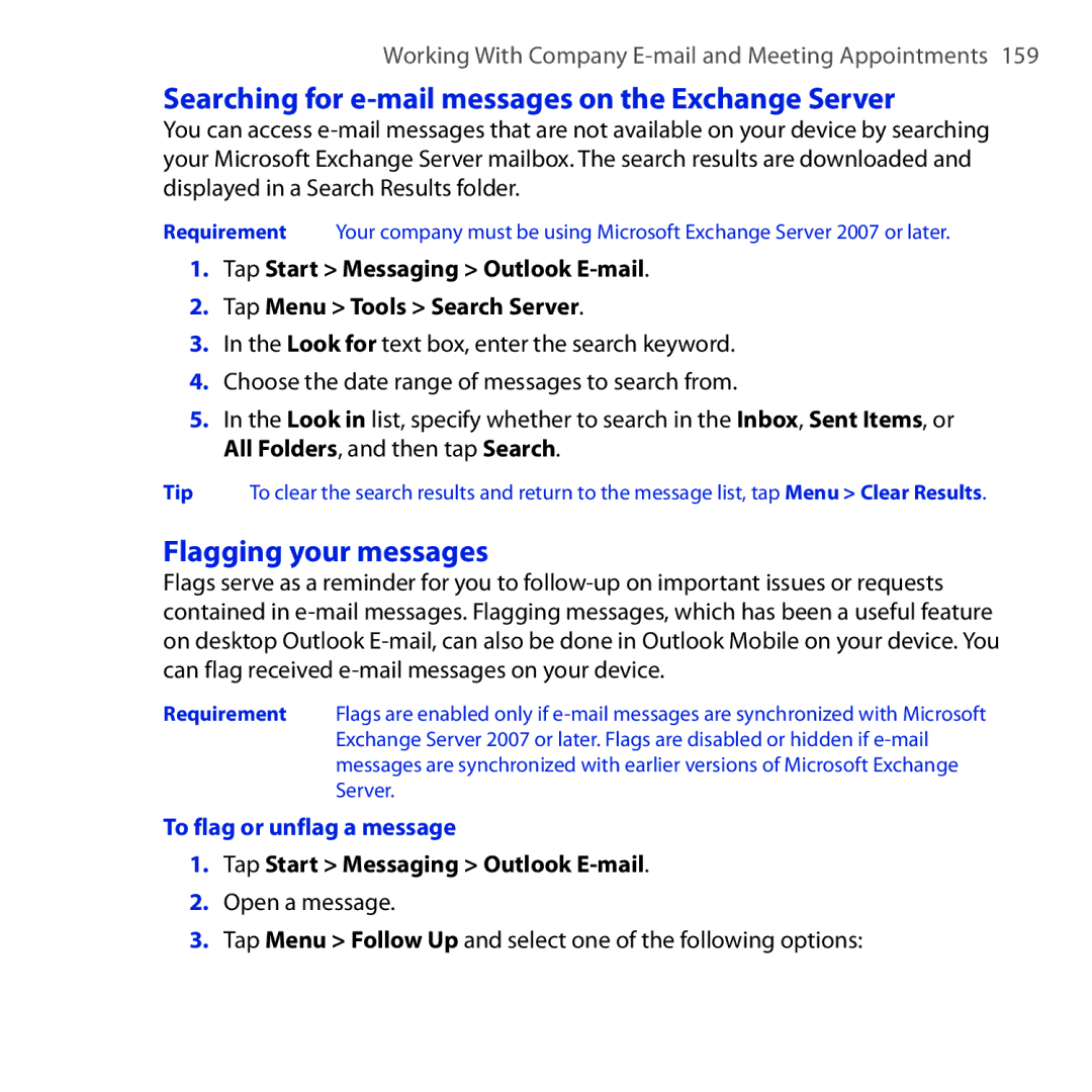 HTC RHOD210 Searching for e-mail messages on the Exchange Server, Flagging your messages, To flag or unflag a message 