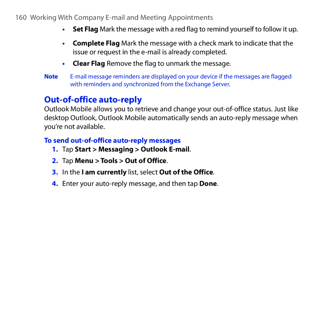 HTC RHOD210 user manual Out-of-office auto-reply, To send out-of-office auto-reply messages 