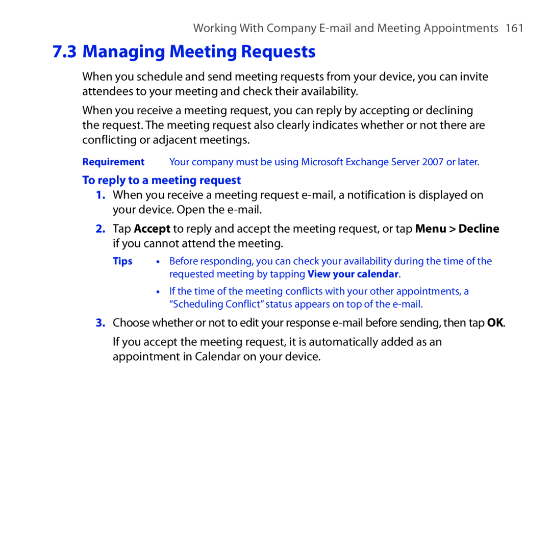 HTC RHOD210 user manual Managing Meeting Requests, To reply to a meeting request 