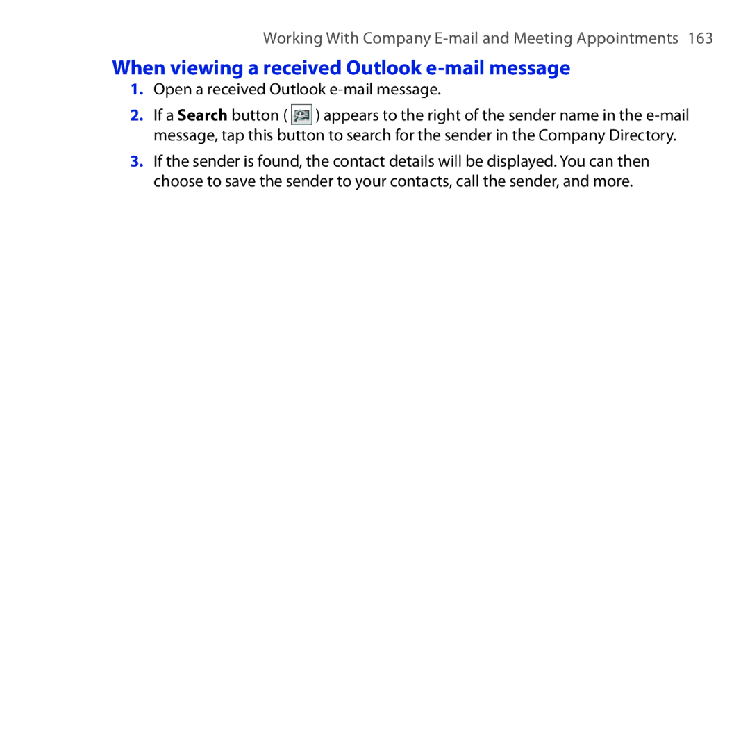 HTC RHOD210 user manual When viewing a received Outlook e-mail message, Open a received Outlook e-mail message 