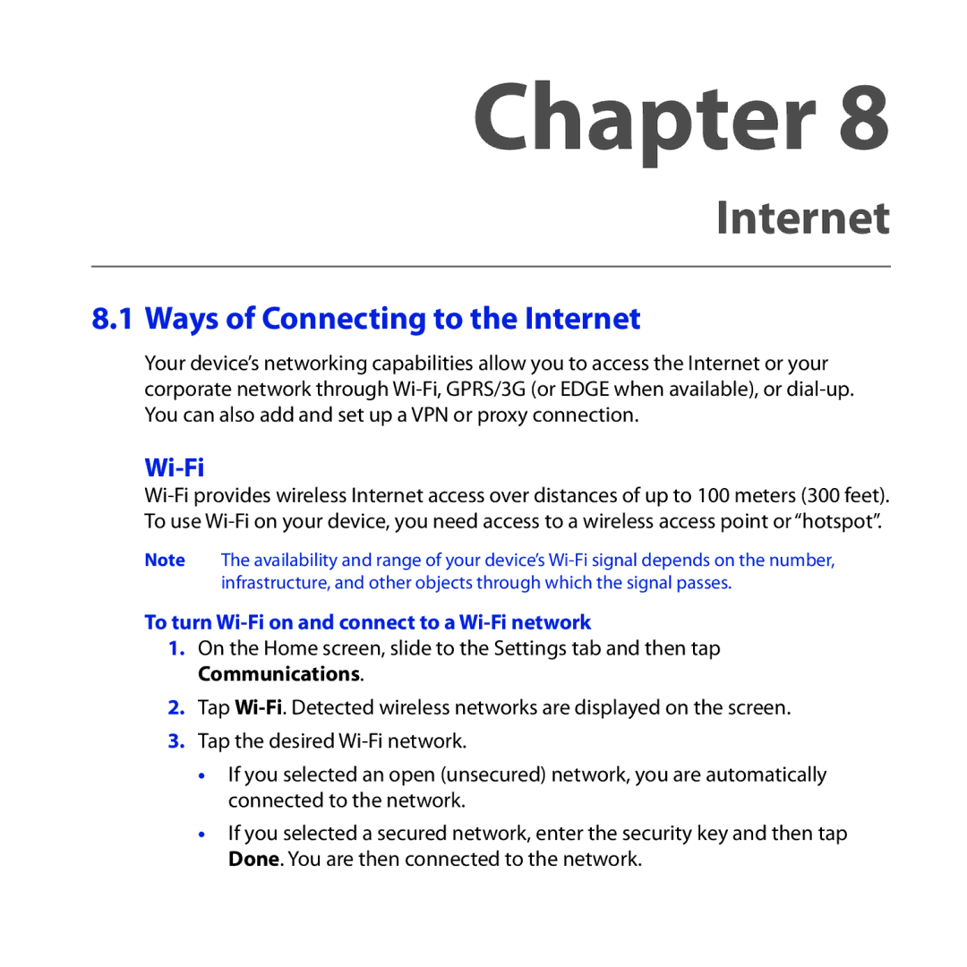 HTC RHOD210 user manual Ways of Connecting to the Internet, To turn Wi-Fi on and connect to a Wi-Fi network 