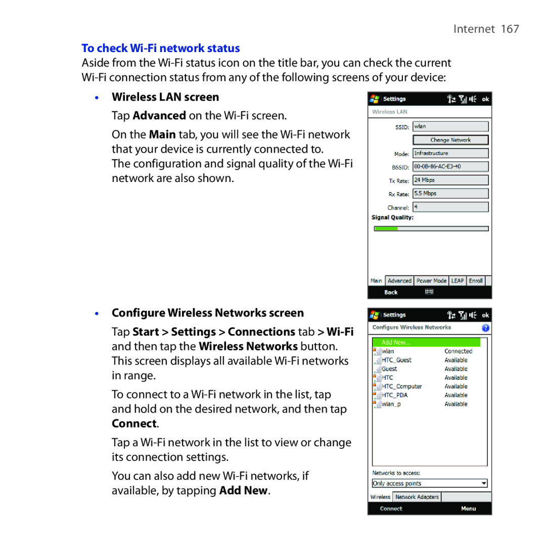 HTC RHOD210 user manual To check Wi-Fi network status, Wireless LAN screen, Tap Advanced on the Wi-Fi screen 