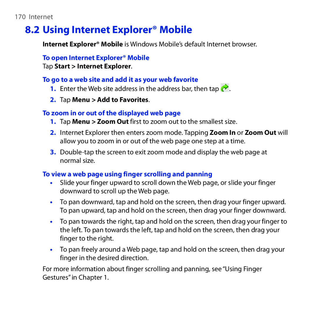 HTC RHOD210 Using Internet Explorer Mobile, To open Internet Explorer Mobile, To zoom in or out of the displayed web 