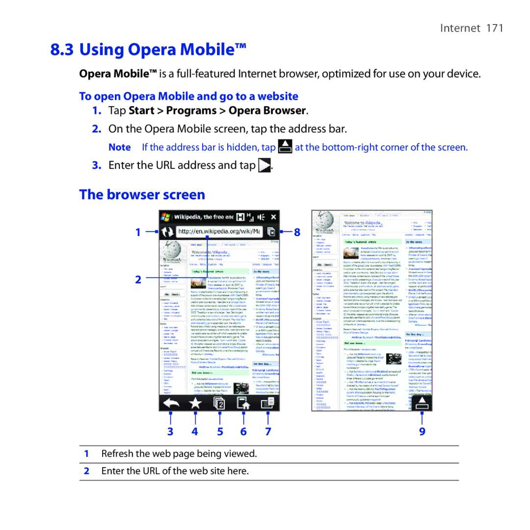 HTC RHOD210 Using Opera Mobile, Browser screen, To open Opera Mobile and go to a website, Tap Start Programs Opera Browser 