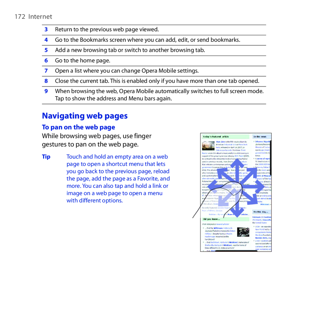 HTC RHOD210 user manual Navigating web pages, To pan on the web 