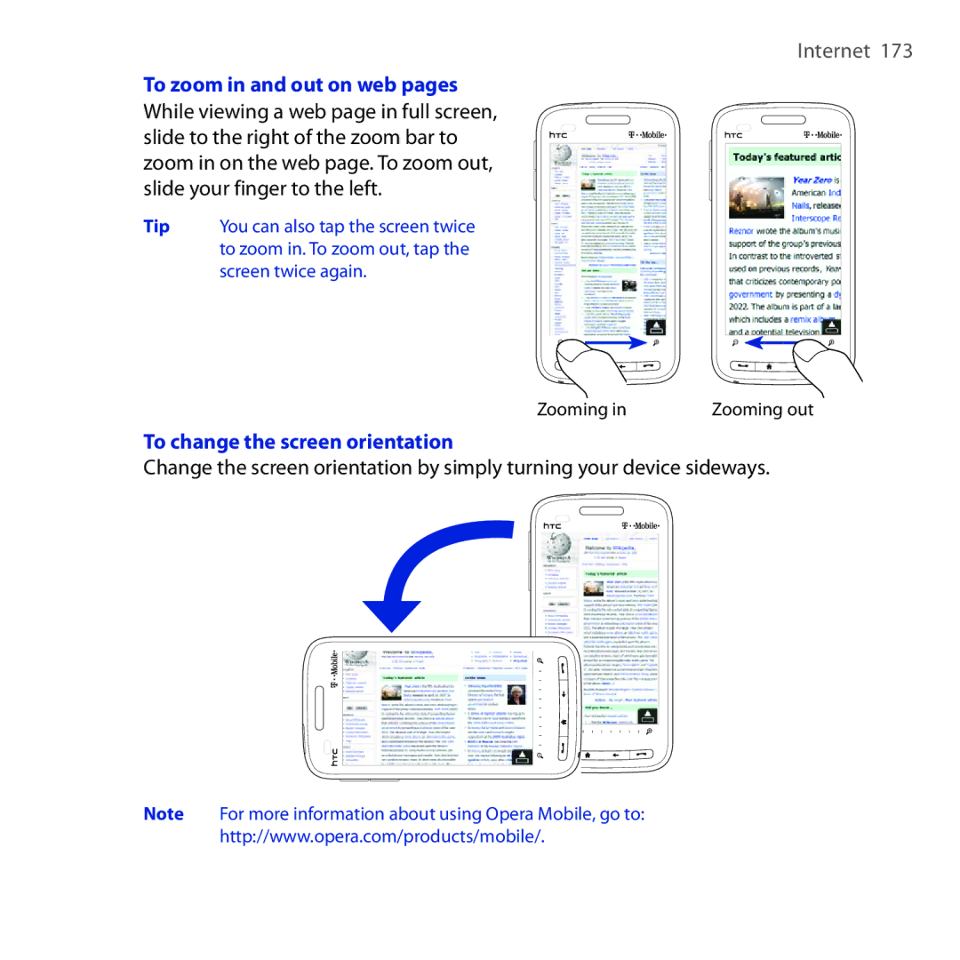 HTC RHOD210 user manual To zoom in and out on web pages, To change the screen orientation 