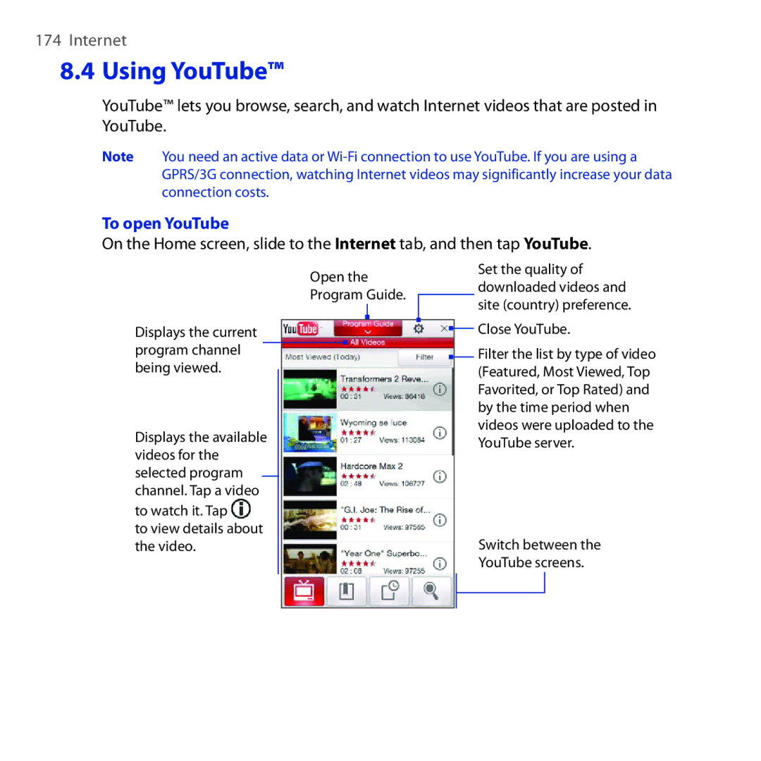 HTC RHOD210 user manual Using YouTube, To open YouTube 