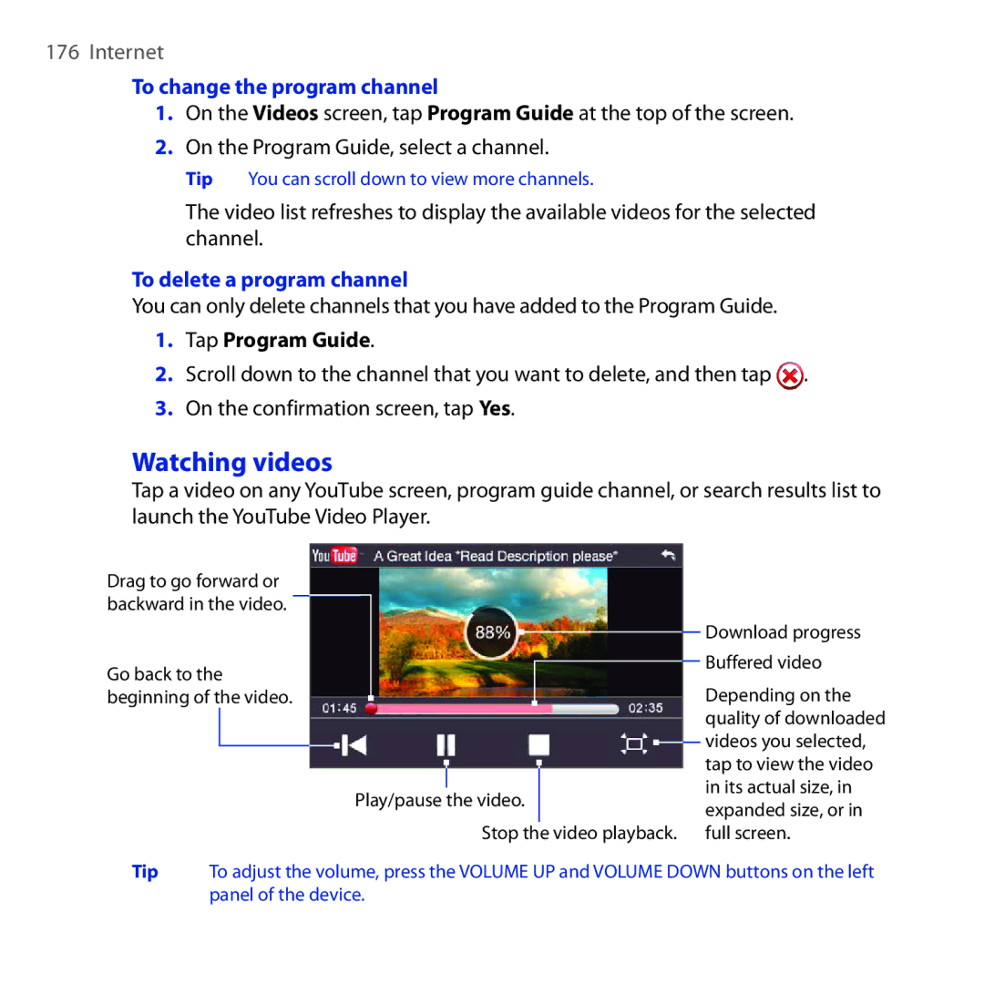 HTC RHOD210 user manual Watching videos, To change the program channel, To delete a program channel, Tap Program Guide 