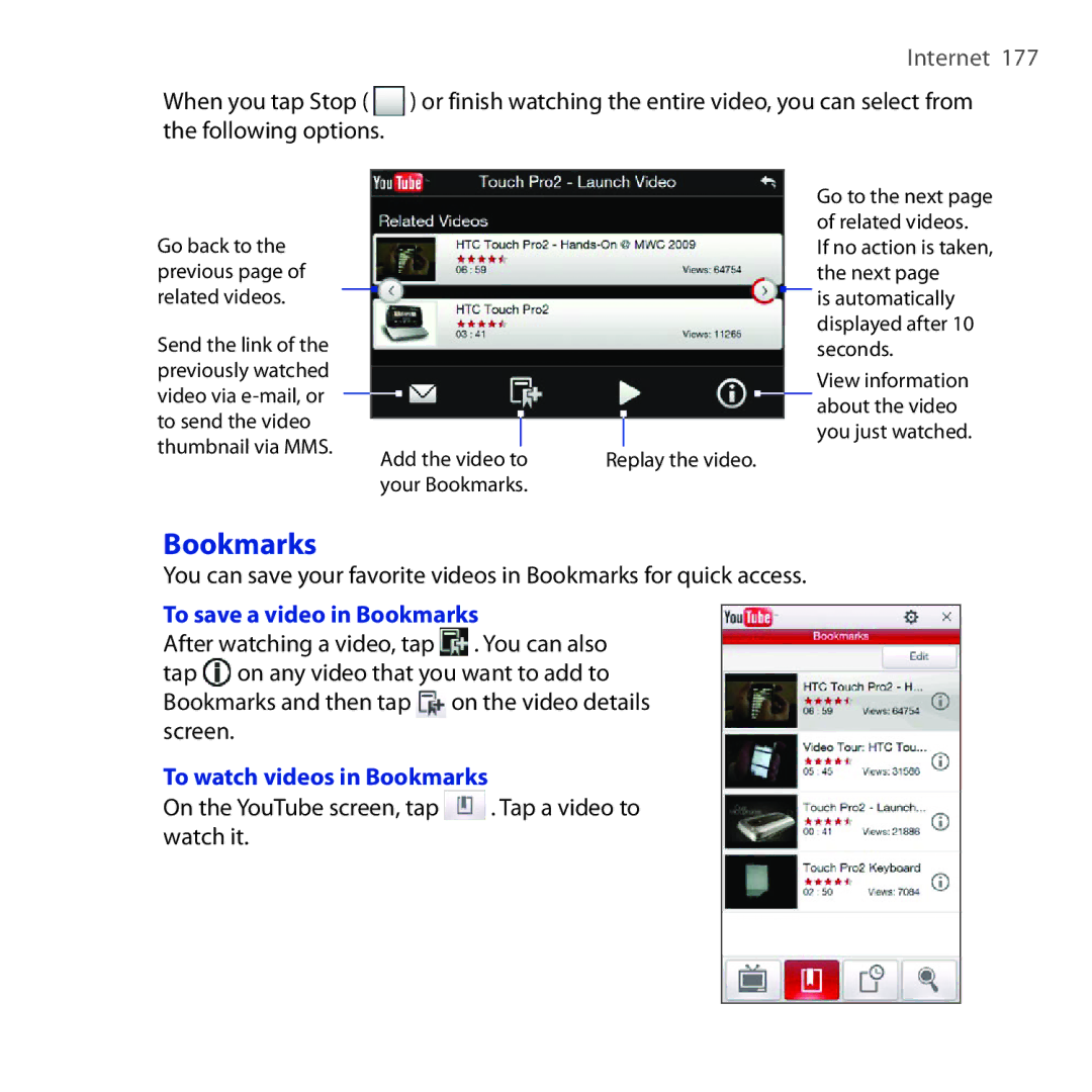 HTC RHOD210 user manual To save a video in Bookmarks, To watch videos in Bookmarks 