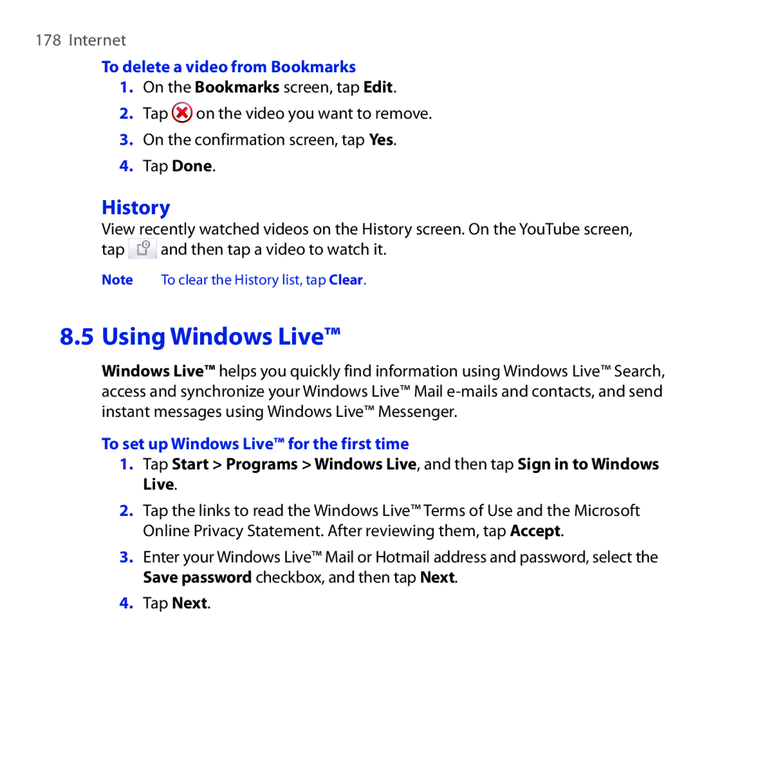 HTC RHOD210 Using Windows Live, History, To delete a video from Bookmarks, To set up Windows Live for the first time 
