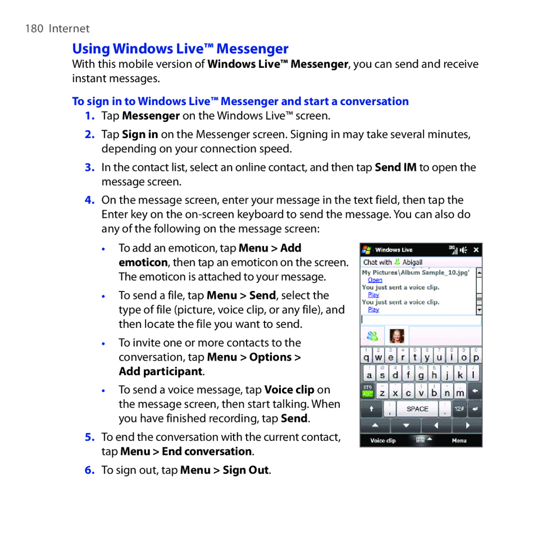 HTC RHOD210 user manual Using Windows Live Messenger 