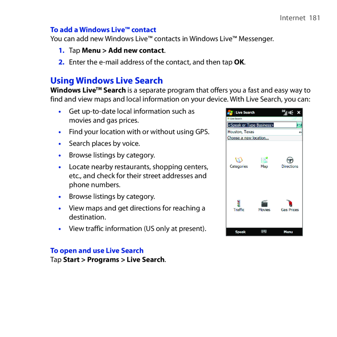 HTC RHOD210 user manual Using Windows Live Search, To add a Windows Live contact, Tap Menu Add new contact 