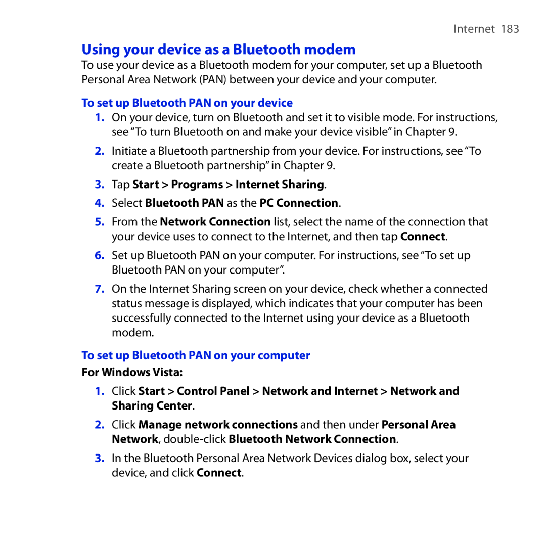 HTC RHOD210 user manual Using your device as a Bluetooth modem, To set up Bluetooth PAN on your device 