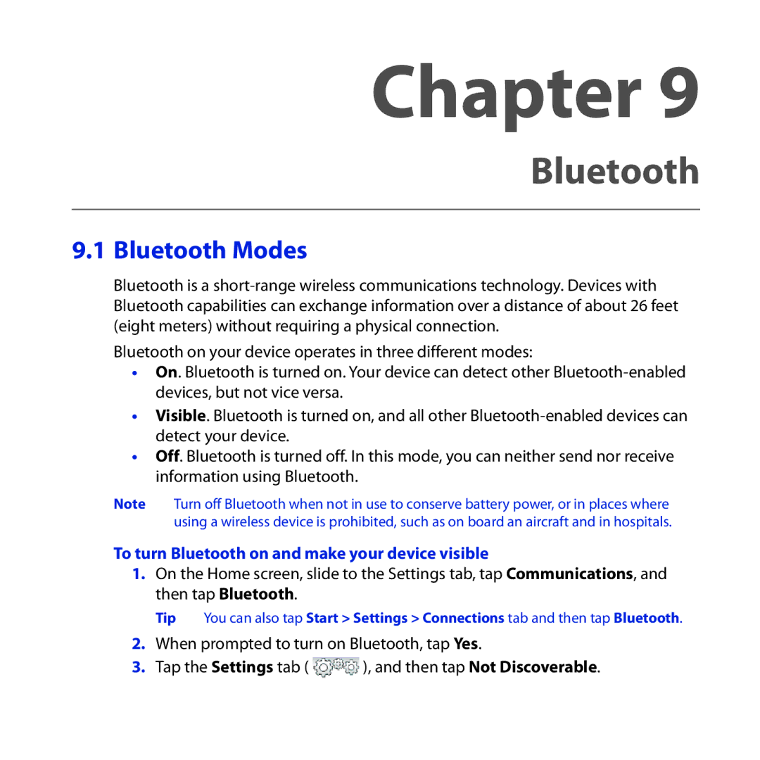 HTC RHOD210 user manual Bluetooth Modes, To turn Bluetooth on and make your device visible 