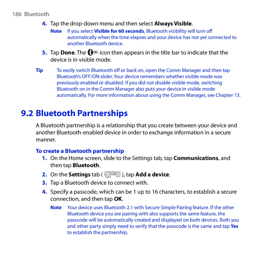 HTC RHOD210 user manual Bluetooth Partnerships, To create a Bluetooth partnership 