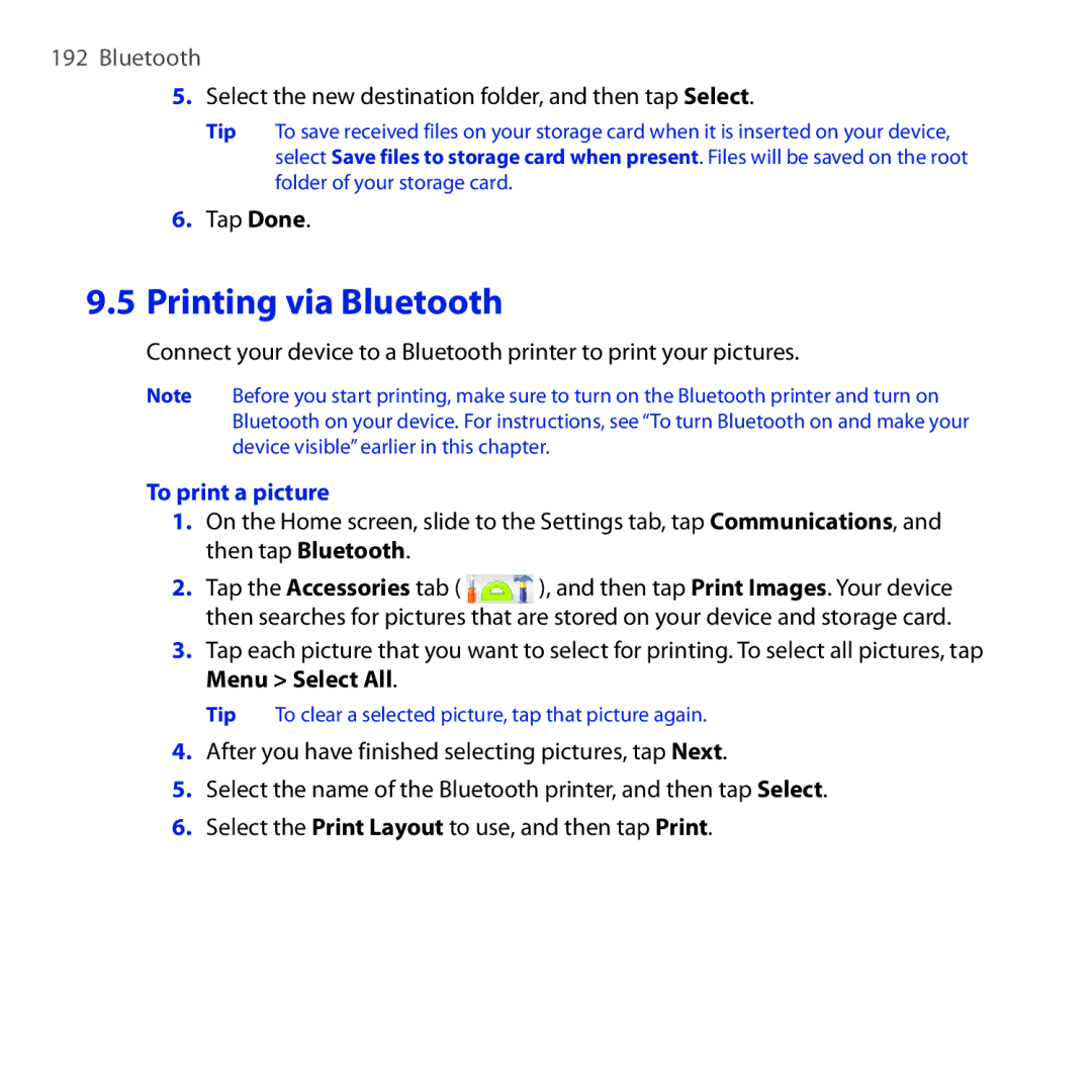 HTC RHOD210 user manual Printing via Bluetooth, Select the new destination folder, and then tap Select, To print a picture 