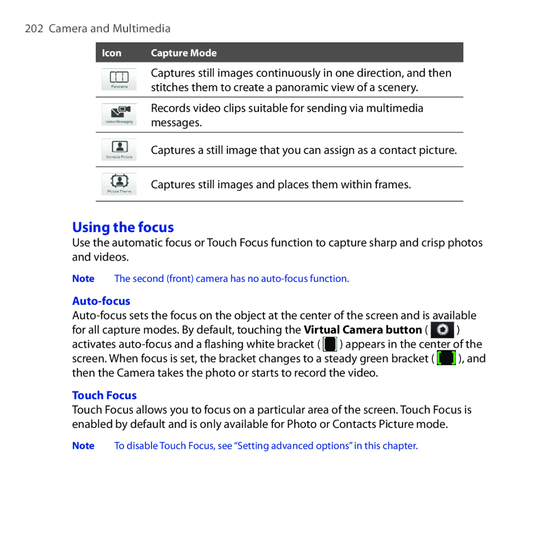 HTC RHOD210 user manual Using the focus, Camera and Multimedia, Auto-focus, Touch Focus 