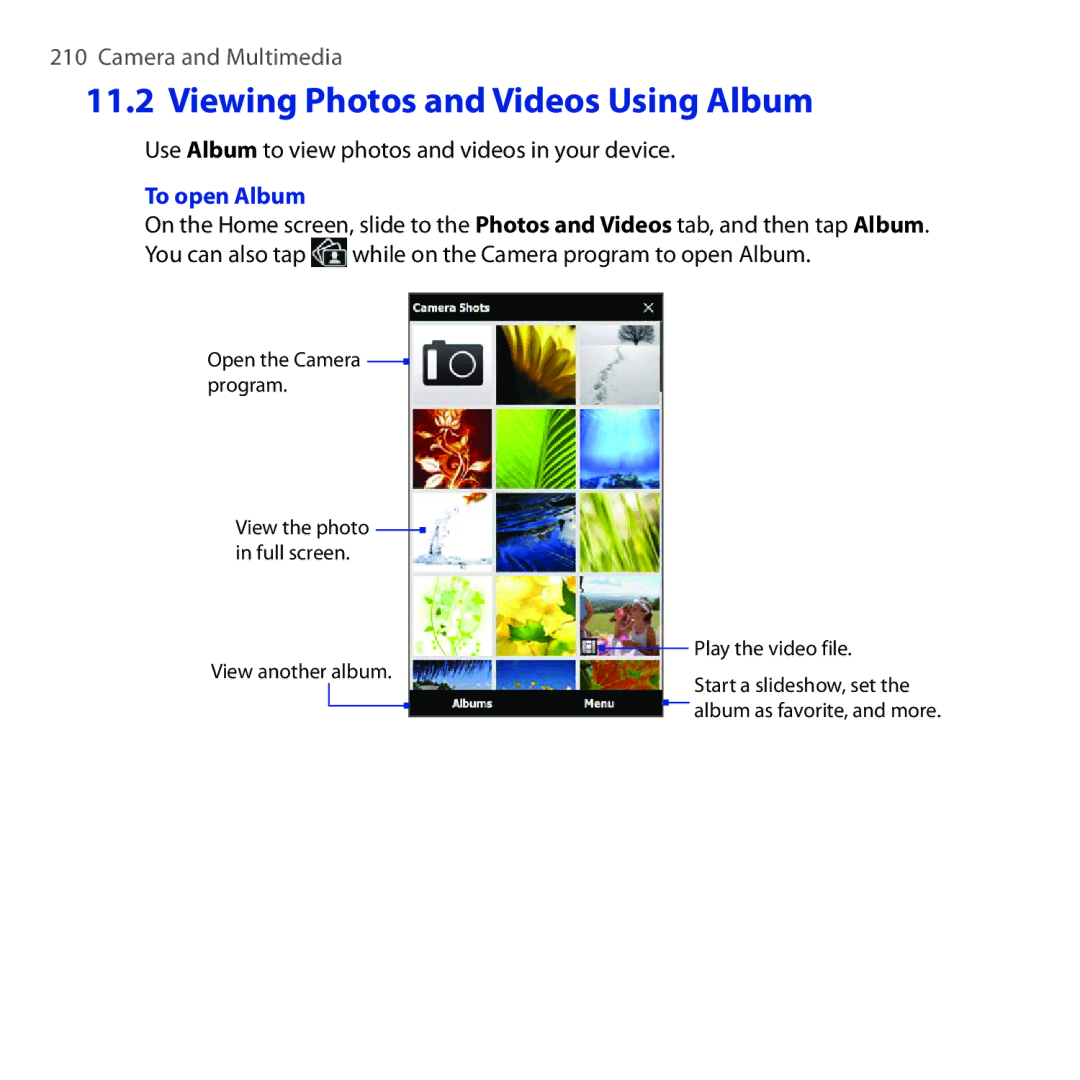 HTC RHOD210 Viewing Photos and Videos Using Album, Use Album to view photos and videos in your device, To open Album 