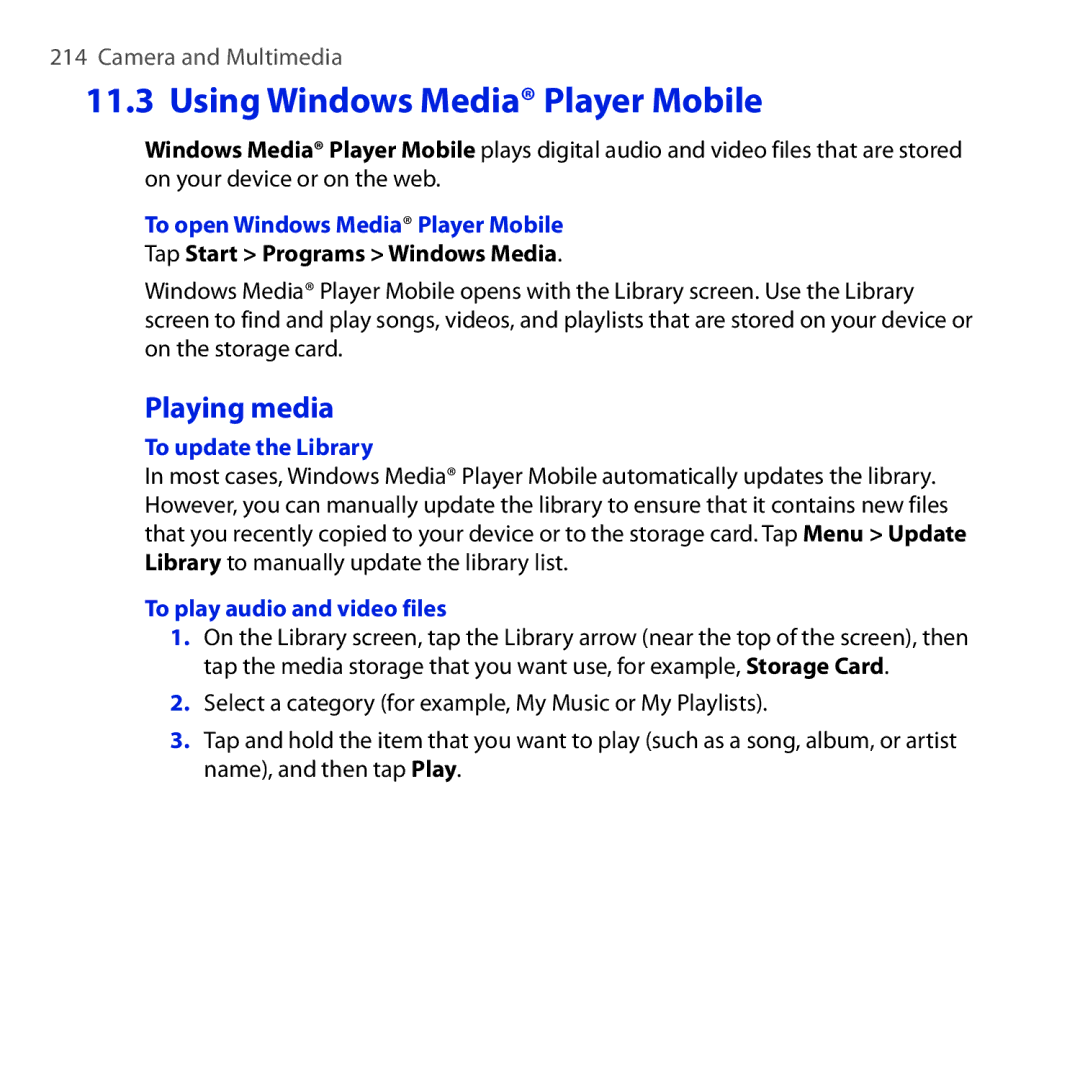 HTC RHOD210 Using Windows Media Player Mobile, Playing media, To open Windows Media Player Mobile, To update the Library 