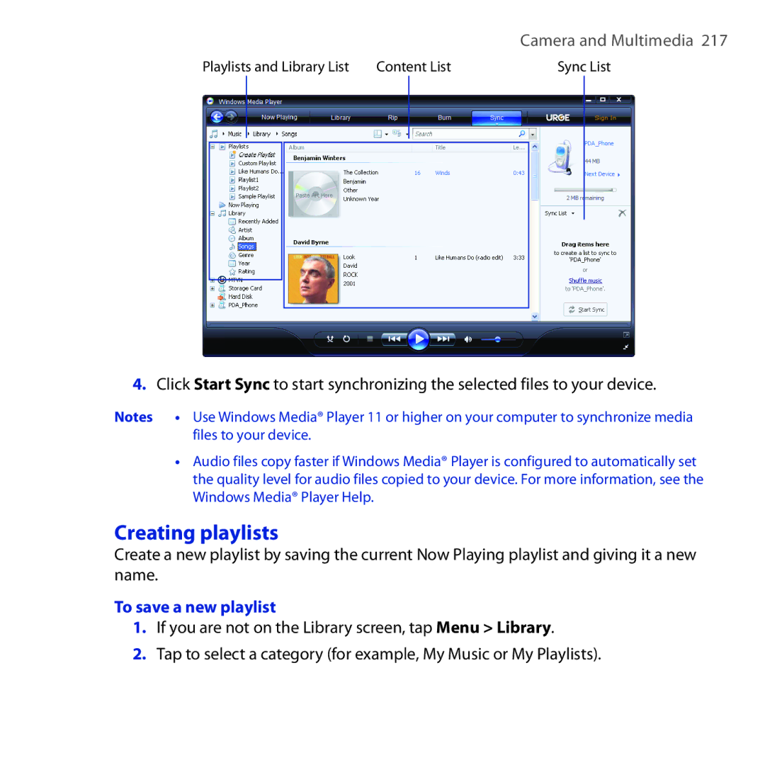 HTC RHOD210 user manual Creating playlists, To save a new playlist 