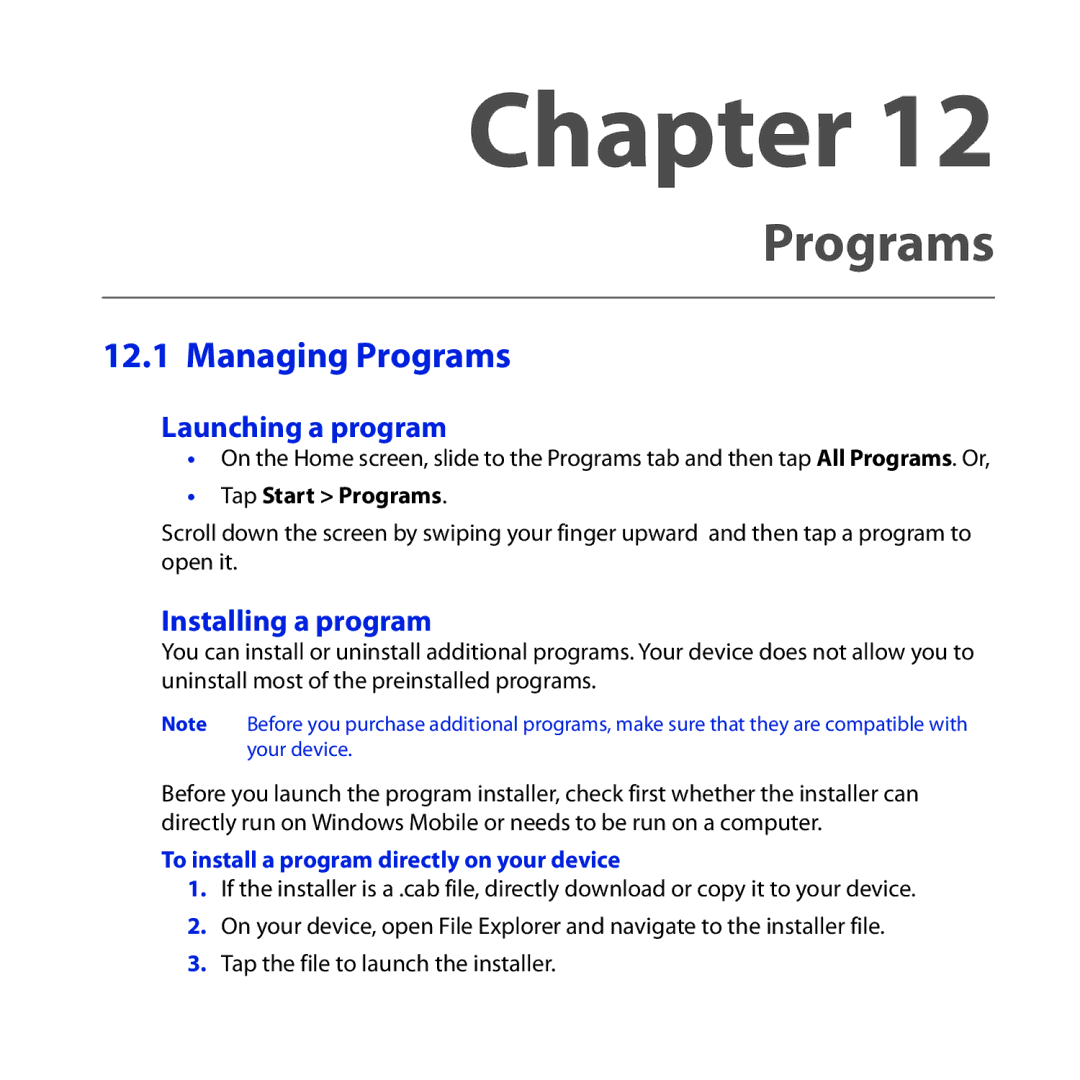 HTC RHOD210 user manual Managing Programs, Launching a program, Installing a program, Tap Start Programs 