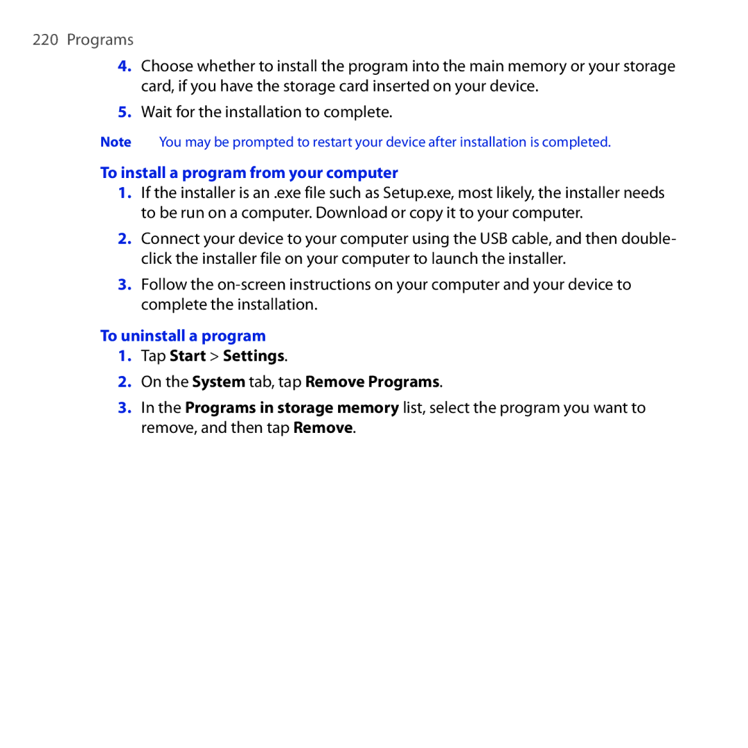 HTC RHOD210 user manual Programs, To install a program from your computer, To uninstall a program 