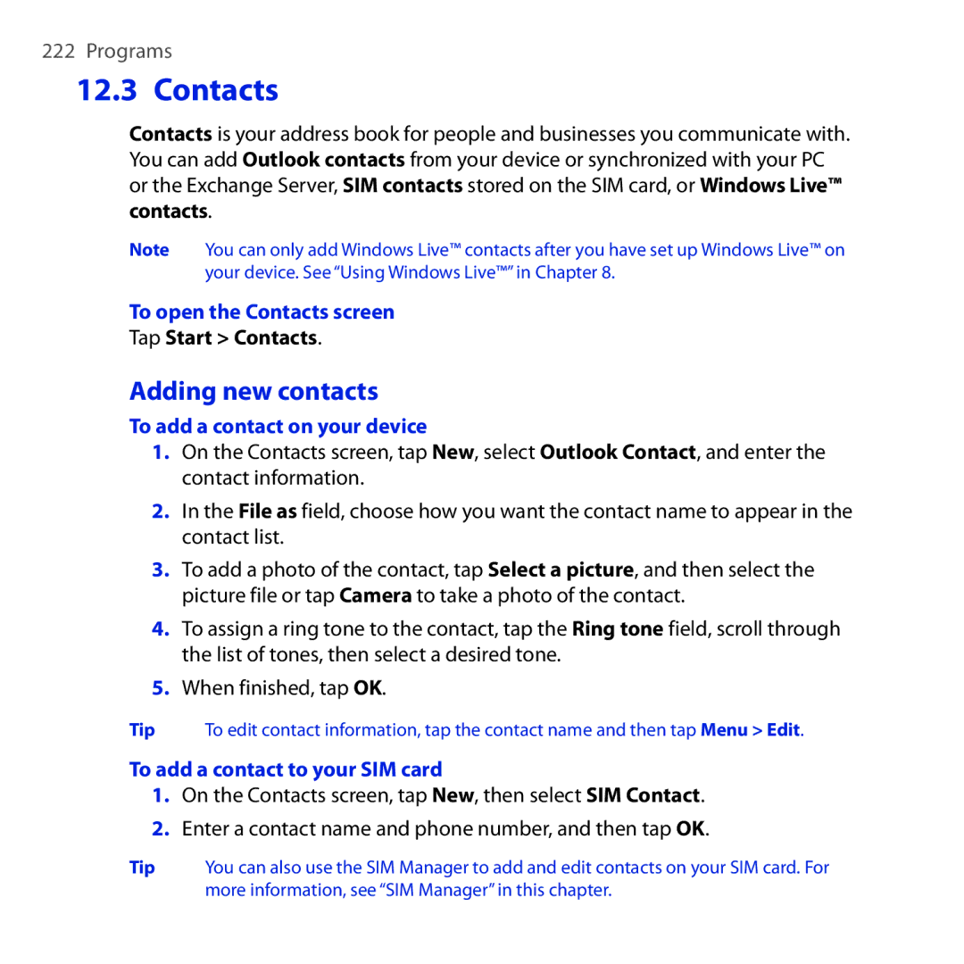 HTC RHOD210 user manual Adding new contacts, To open the Contacts screen, To add a contact on your device 