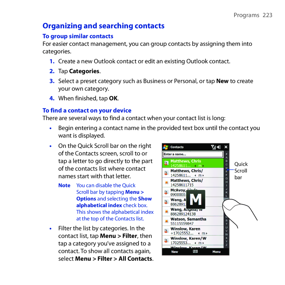 HTC RHOD210 Organizing and searching contacts, To group similar contacts, Tap Categories, To find a contact on your device 