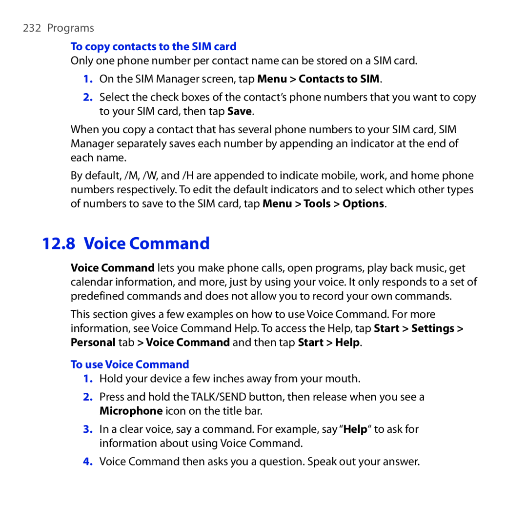 HTC RHOD210 user manual To copy contacts to the SIM card, To use Voice Command 