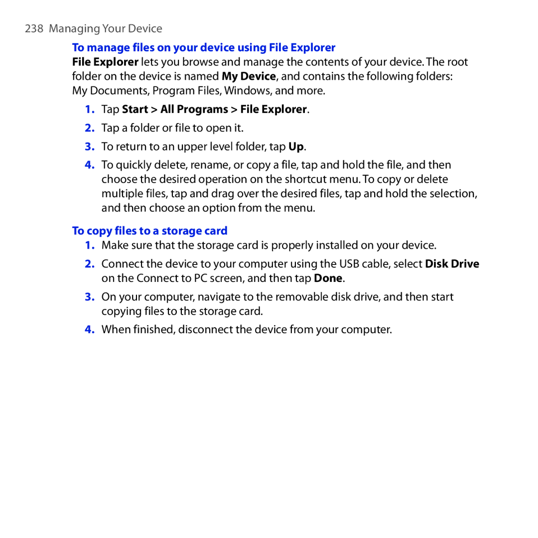 HTC RHOD210 Managing Your Device, To manage files on your device using File Explorer, Tap Start All Programs File Explorer 