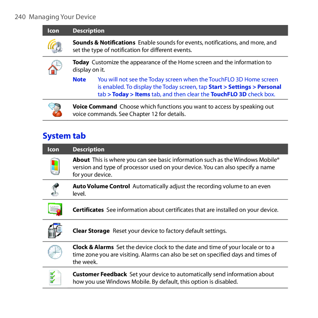 HTC RHOD210 user manual System tab 