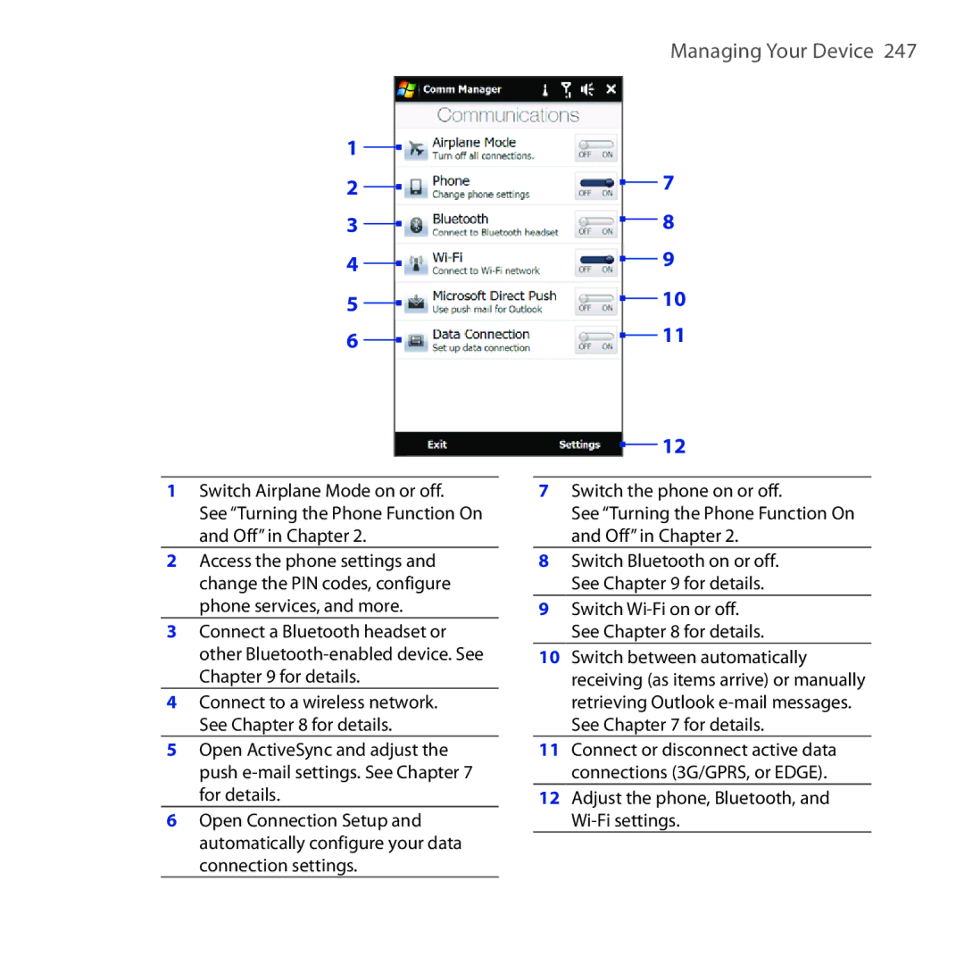 HTC RHOD210 user manual Adjust the phone, Bluetooth, and Wi-Fi settings 