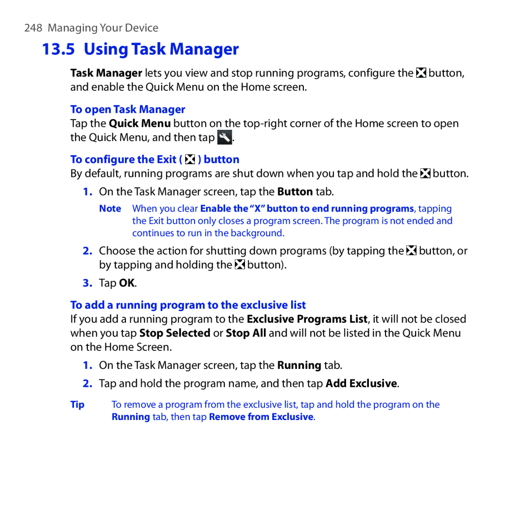 HTC RHOD210 user manual Using Task Manager, To open Task Manager, To configure the Exit button 