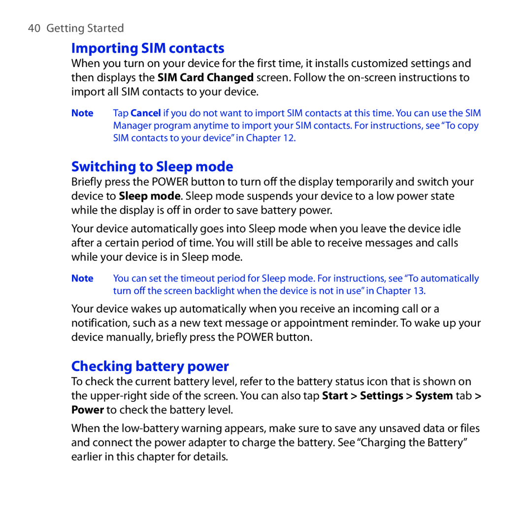 HTC RHOD210 user manual Importing SIM contacts, Switching to Sleep mode, Checking battery power 