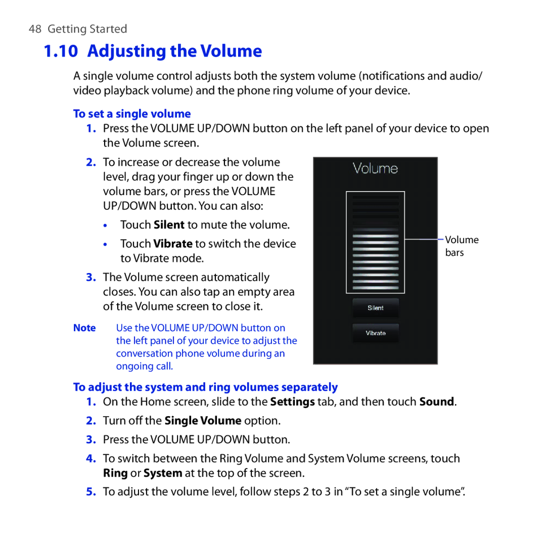 HTC RHOD210 user manual Adjusting the Volume, To set a single volume, To adjust the system and ring volumes separately 