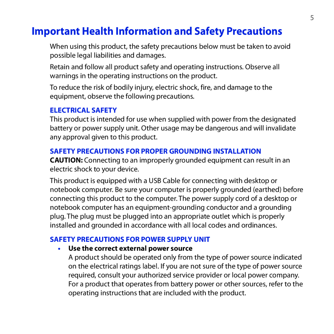 HTC RHOD210 user manual Important Health Information and Safety Precautions, Use the correct external power source 