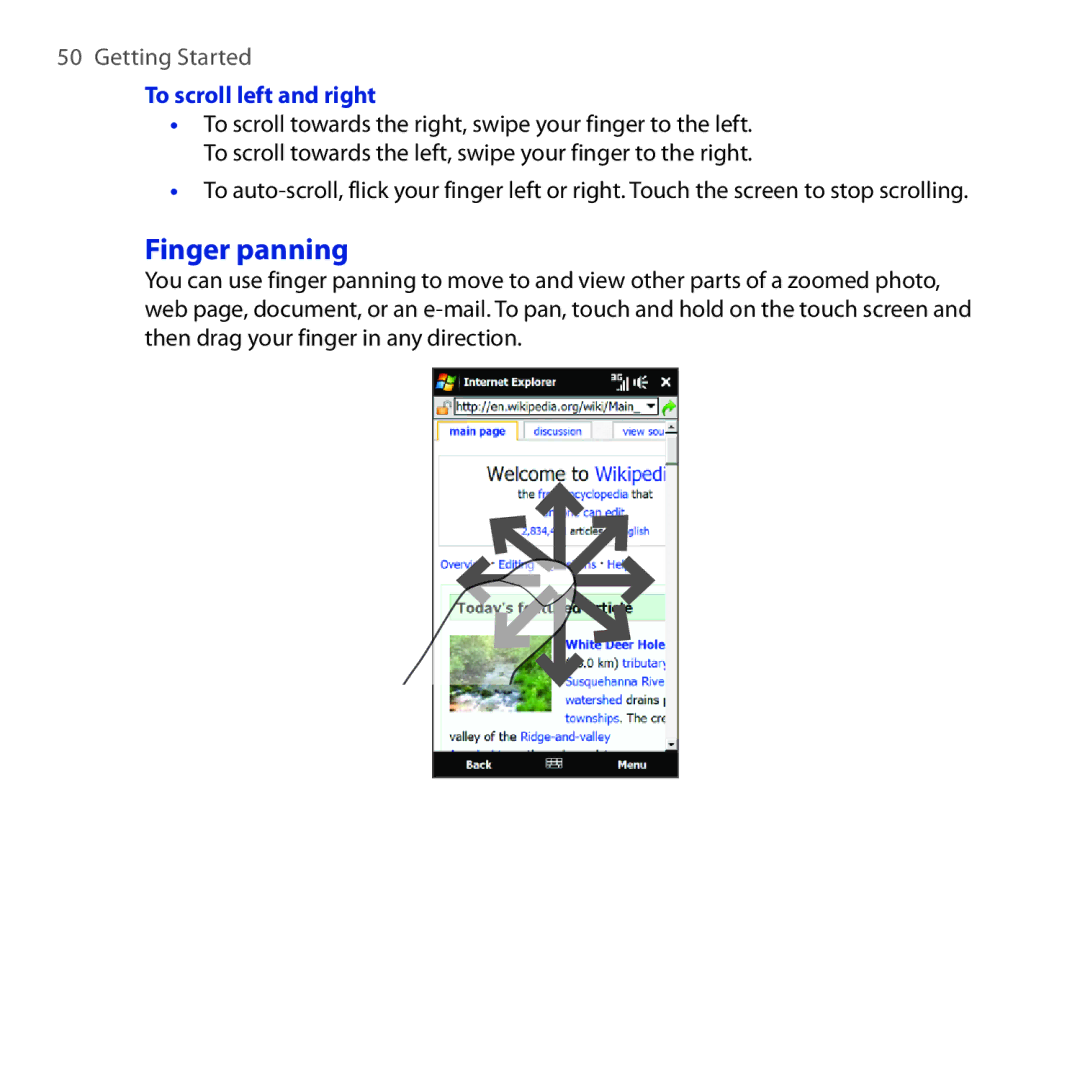 HTC RHOD210 user manual Finger panning, To scroll left and right 