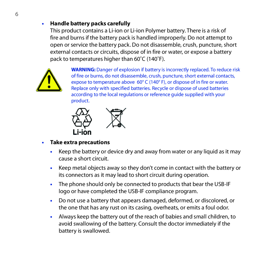 HTC RHOD210 user manual Handle battery packs carefully, Take extra precautions 