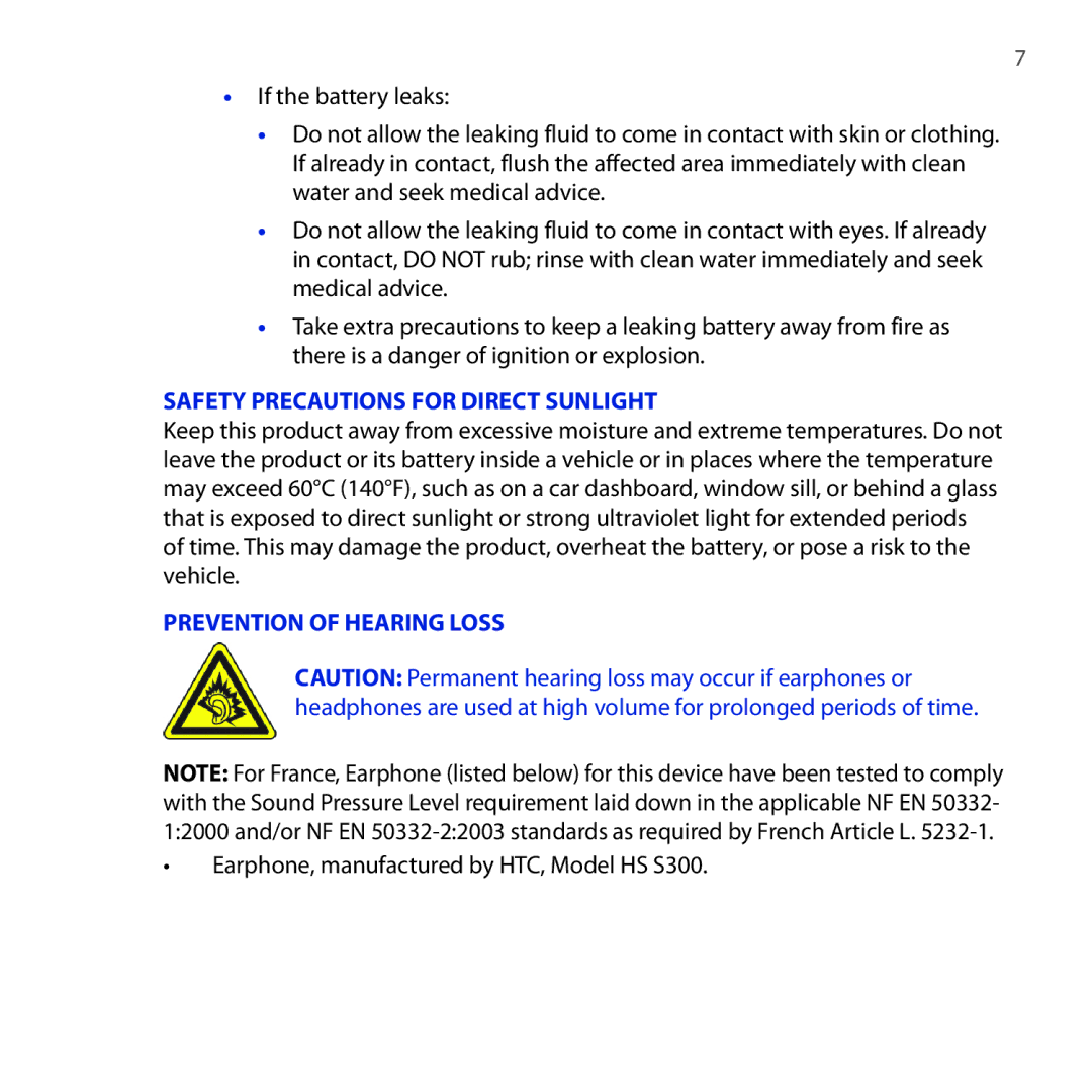 HTC RHOD210 user manual Safety Precautions for Direct Sunlight, Earphone, manufactured by HTC, Model HS S300 